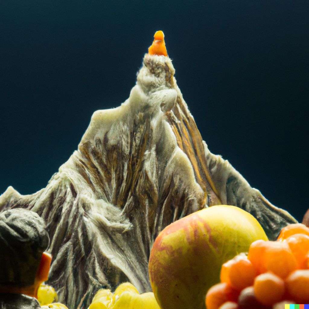 someone gazing at Mount Everest, fruit carving